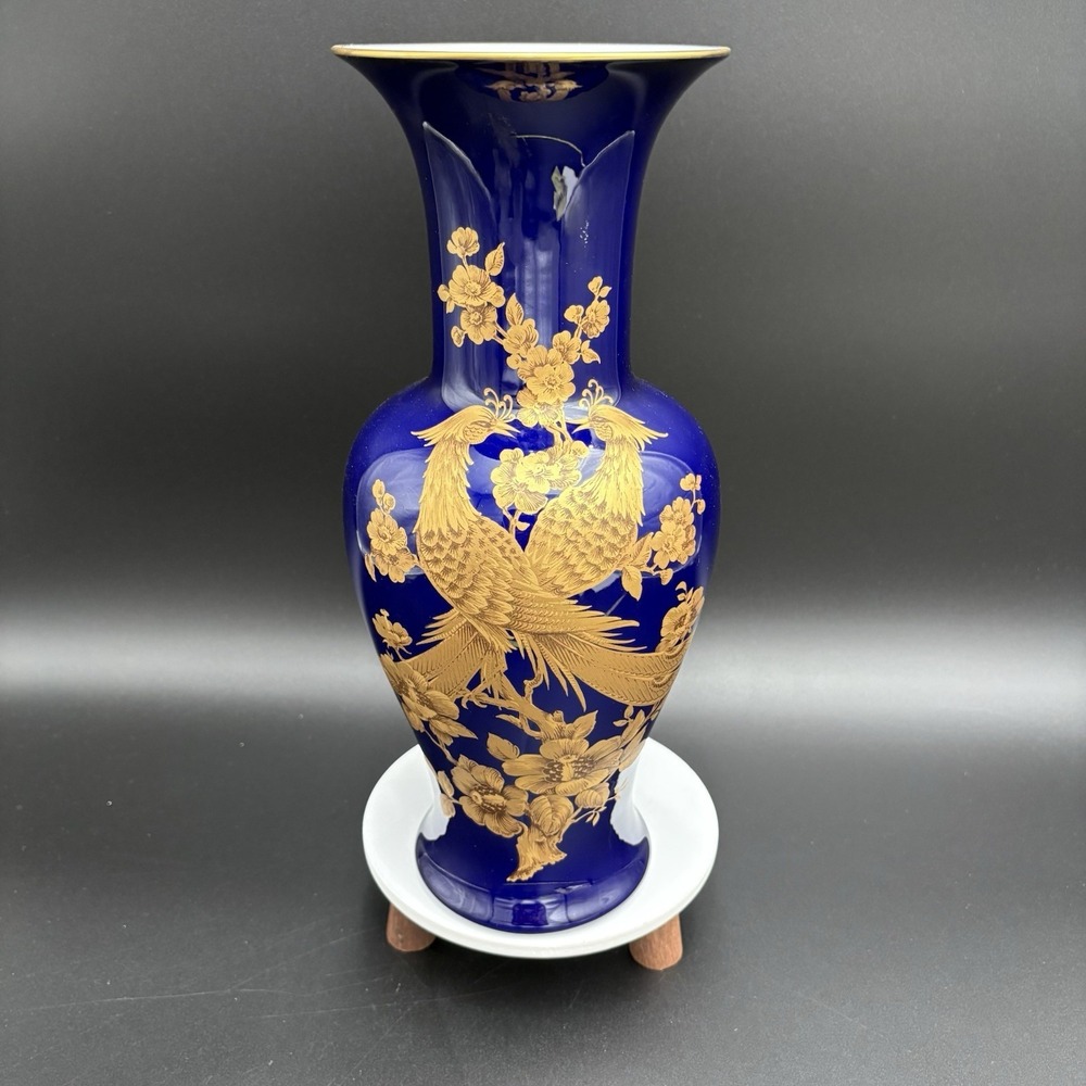 Vtg Kaiser West Germany Porcelain Cobalt Blue & Gold Symphonie Vase 14"
